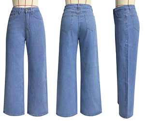 Three views of high-waisted wide-leg denim jeans in light blue showing front and back fit