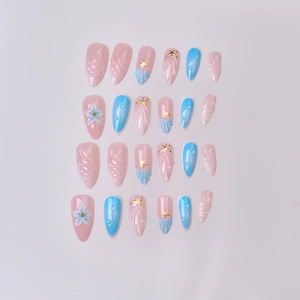 24pcs pink and blue 3D flower almond press-on nails with stars and water drop details