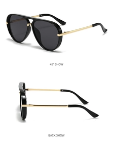 Detail shots of black pilot sunglasses with gold temples showing 45-degree and back views
