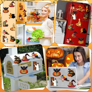 Halloween magnetic decals showing pumpkins and ghosts on fridges, mailboxes and laptops