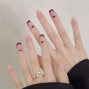 French Press On Nails Burgundy Nude Pink Glitter Short Square Round Artificial Fake Fingernails Elegant Daily Wear