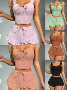 Detailed view of ribbed texture and ruffled hem on 5-color women's loungewear sets