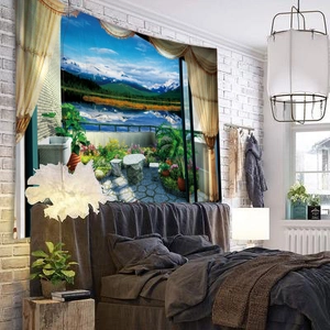 Close-up of 3D landscape tapestry featuring snowy mountains and lake window view
