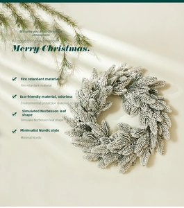 Close-up of a 40cm flocked white Nordic Christmas wreath made of flame retardant PE