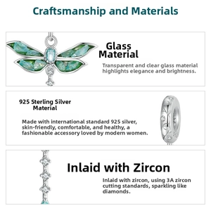 Detailed macro view of S925 sterling silver dragonfly pendant with zircon and glass inlay