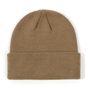 Close-up detail of a soft brown knitted baby beanie hat featuring fine ribbed texture