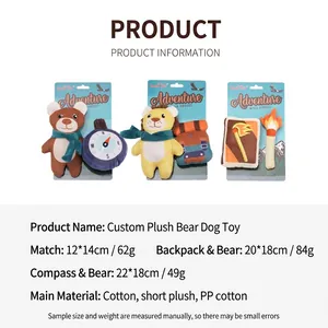Three adventure-themed plush dog chew toys with bear, lion and matchstick designs
