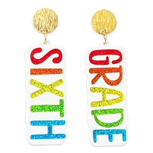 Detail view of Sixth Grade glitter acrylic earrings with golden circular studs