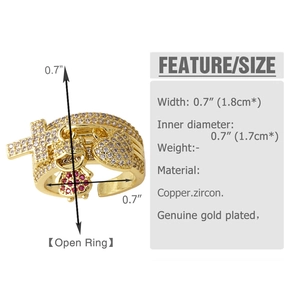 Detail view of gold-plated open ring with zircon charms and technical dimensions