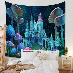 Detail of dreamlike mushroom forest tapestry hanging as wall decor in a bedroom
