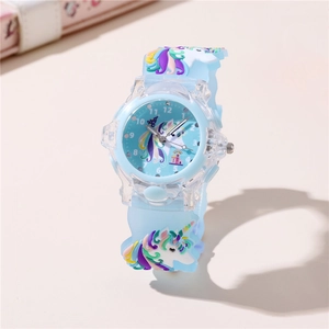 Detail of light blue unicorn watch with relief pattern and clear numeric dial for kids