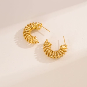 Golden 18K gold-plated stainless steel spiral C-shape earrings with textured coil design