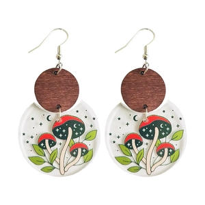 Wooden and acrylic mushroom earrings with fall maple leaf patterns and metal hooks