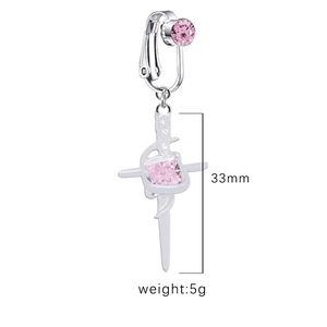 Silver sword navel clip with pink gemstones, 33mm length and 5g weight on white background