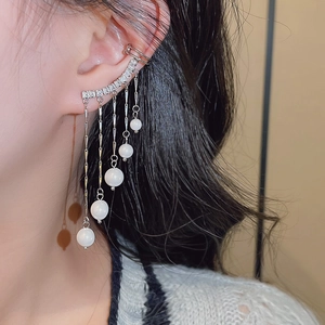 Elegant silver tassel earrings with white pearls and sparkling crystals for women