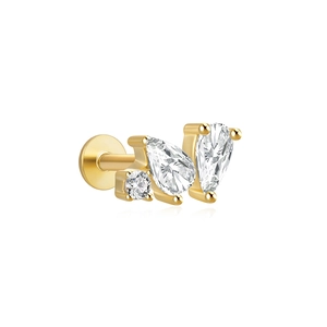 Detailed view of a gold S925 silver stud earring with clear round and teardrop crystals