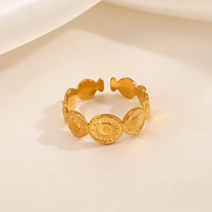 Gold plated stainless steel adjustable ring with coin sunburst pattern circular charms