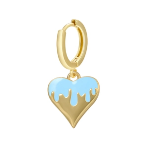 Golden heart drop earrings with light blue enamel glaze effect on a white background