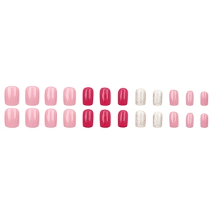 Short round press-on nails in pink, magenta, and silver glitter with mirror finish