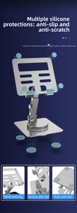 Aluminum tablet stand detail showing grey anti-slip silicone pads for protection