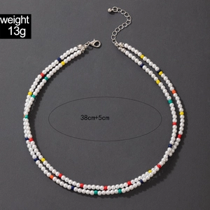 Detail view of pearl choker with colorful beads, 38cm chain and size measurements