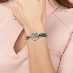 Green natural stone tree of life double layer beaded bracelet on female wrist