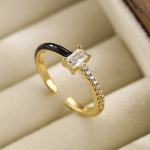 Fashion Colorful Enamel Open Ring Women 18K Gold Plated Copper Rectangle Cubic Zirconia Adjustable Finger Ring