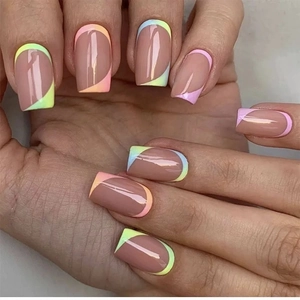 French Press On Nails Short Square Glossy Nude Pink Macaron Rainbow Gradient Artificial False Finger Nails