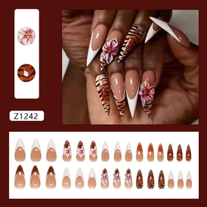French stiletto press-on nails with 3D camellia flowers and zebra pattern accents