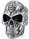 Detailed view of a silver stainless steel skull ring with gothic punk texture details