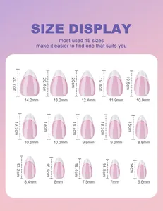 Detailed size chart for solid color French press-on nails with 15 different dimensions