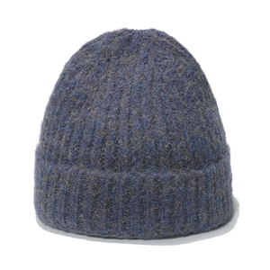 Navy blue mélange knit beanie with fuzzy mohair texture and ribbed cuff design