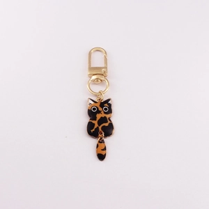Cartoon leopard print cat keychain with gold alloy lobster clasp and split ring