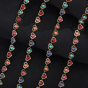 Polished stainless steel heart-shaped link chains with colorful enamel inlay detail