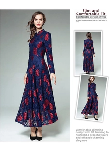 Detail view of long sleeve retro high neck lace maxi dress with blue and red floral patterns