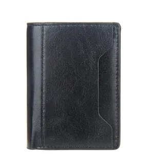 Slim men's pop-up card holder wallet in navy blue leather with RFID protection