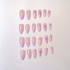 24pcs pink almond press-on nails with 3D floral texture and gold bead accents