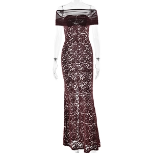 Elegant burgundy off-shoulder lace mermaid evening dress with a slim-fit mesh silhouette