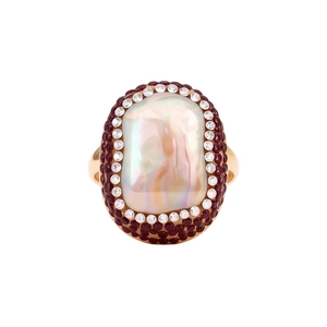 Luxury 18k gold plated ring with iridescent mother of pearl and red gemstone halo