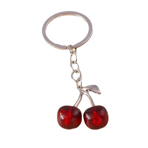 Portachiavi a forma di ciliegia creativa con pendenti rossi e dettagli foglia in argento