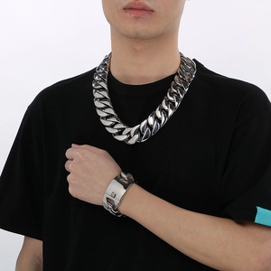 Mens bold 31mm silver stainless steel Cuban link chain necklace and bracelet set for men