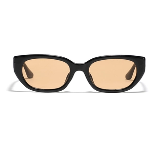 Retro narrow rectangle sunglasses with black glossy frames and orange tinted lenses