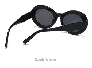 Rückansicht einer ovalen Sonnenbrille mit detaillierten 5281-Größenangaben am Bügel