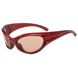 Y2K futuristic oversized deep red metallic sunglasses with brown wrap lenses