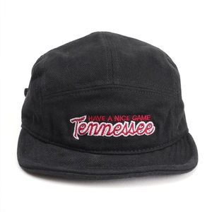 Detailed embroidery on a black 5-panel camper hat with Have a Nice Game Tennessee text