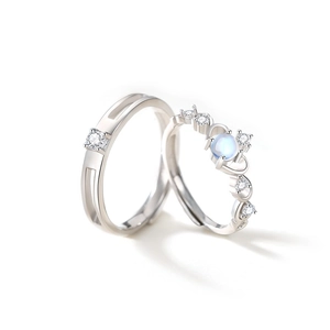 Moonstone couple rings in silver with planet design and clear zircon stones