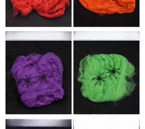 Macro detail of colorful Halloween cotton spider webs with small black plastic spiders