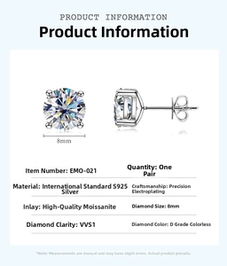 Detail showing 8mm D-color VVS1 moissanite stud earrings in S925 sterling silver