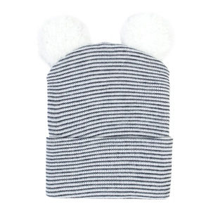 Dettagli della trama a maglia del cappello neonato a righe blu e bianche con pompon
