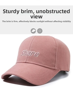 Detail of pink cotton baseball cap featuring high-quality Share letter embroidery